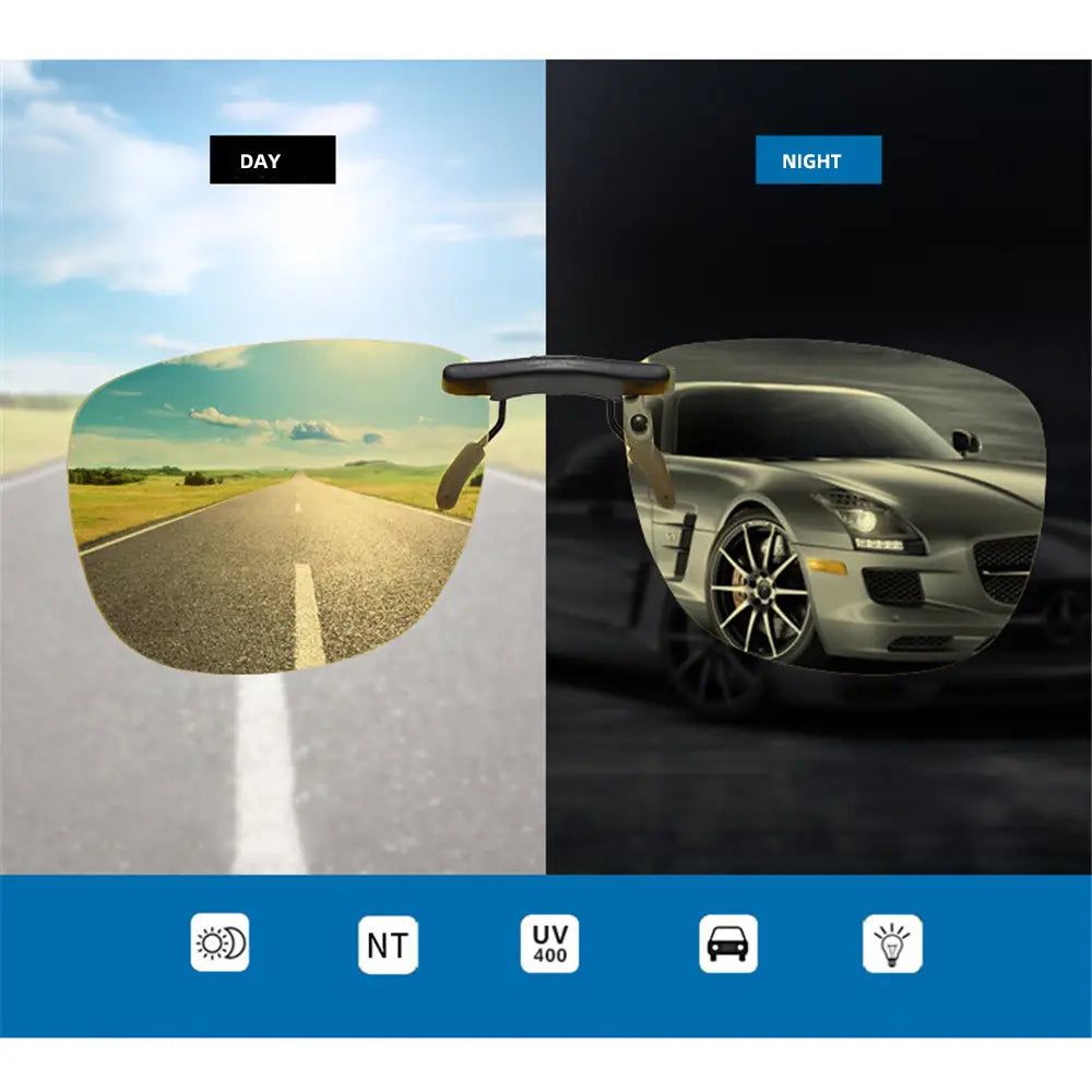 Adjustable clip-on sunglasses with polarized lenses and uv 400 protection designed for day and night driving featuring night vision technology.