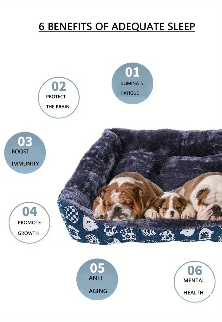 Navy blue plush cat bed and dog bed with a patterned border featuring cartoon animal faces designed for winter pet products.