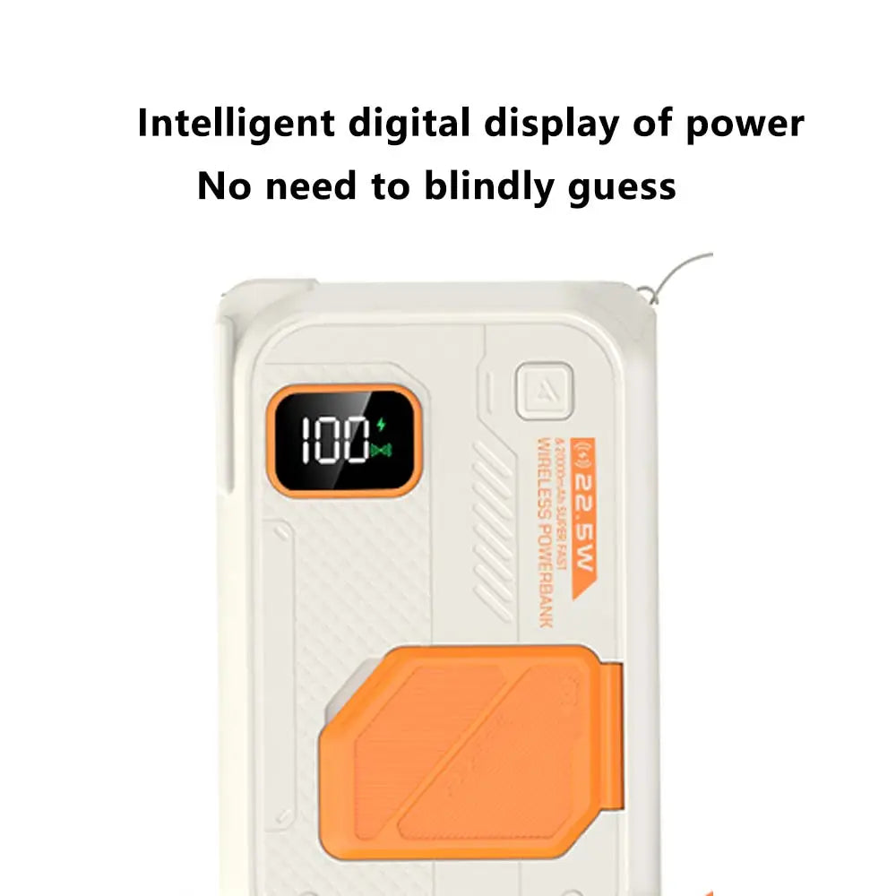 Weißer und orangefarbener Powerbank 20000 mAh 22,5 W kabelloses Energiespeicher-Ladegerät mit digitaler Anzeige, die 100 Prozent Ladestand für die mobile Nutzung anzeigt