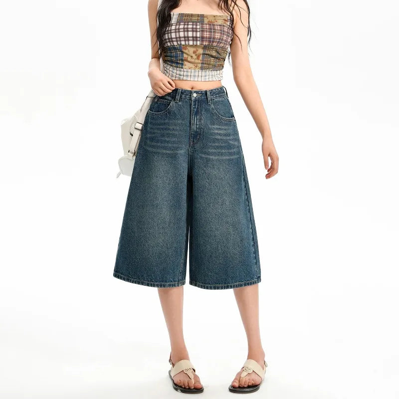 Korean Casual High Waisted Denim Shorts for Women Spring Summer Baggy Jeans Shorts Y2k A-Line Wide Leg Casual Jeans High Street