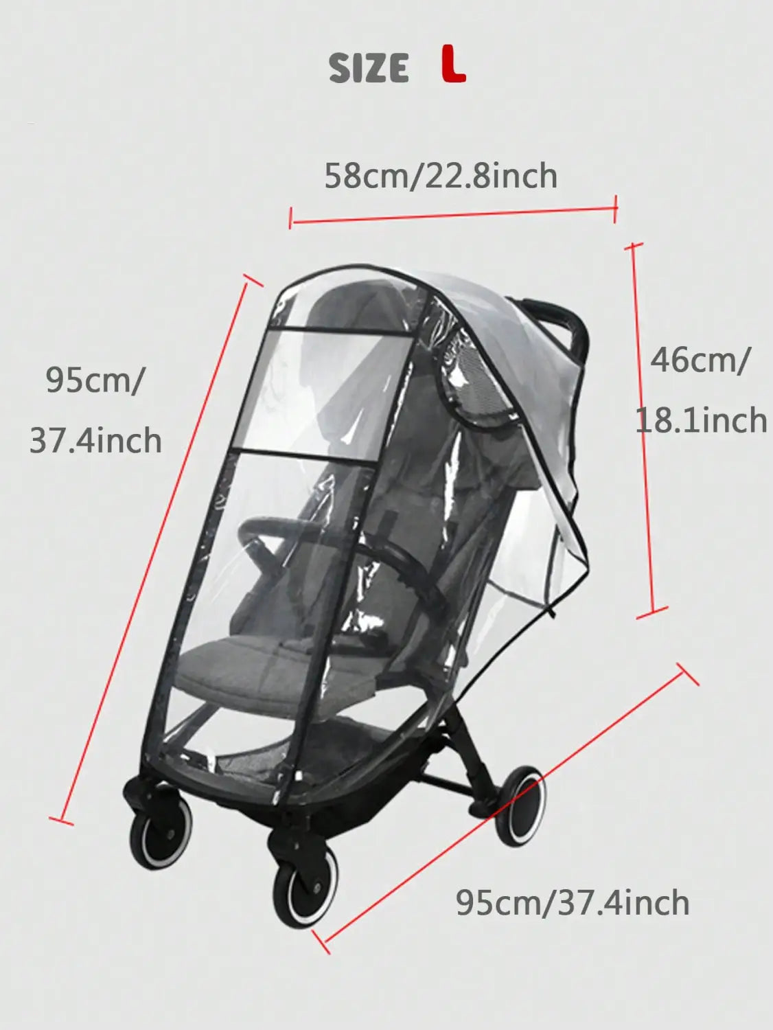 Universelle transparente Regenschutzabdeckung für Kinderwagen aus klarem, transparentem Material mit schwarzem Rahmen und verstärkten Nähten, ausgelegt für den Schutz des Kinderwagens.