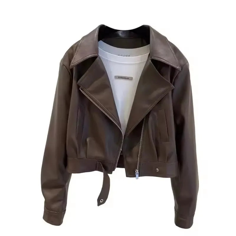 Fashion Leather Jacket Women Coat 2025 Autumn New Temperament Lapel  Short PU Leather Versatile Outwear Female