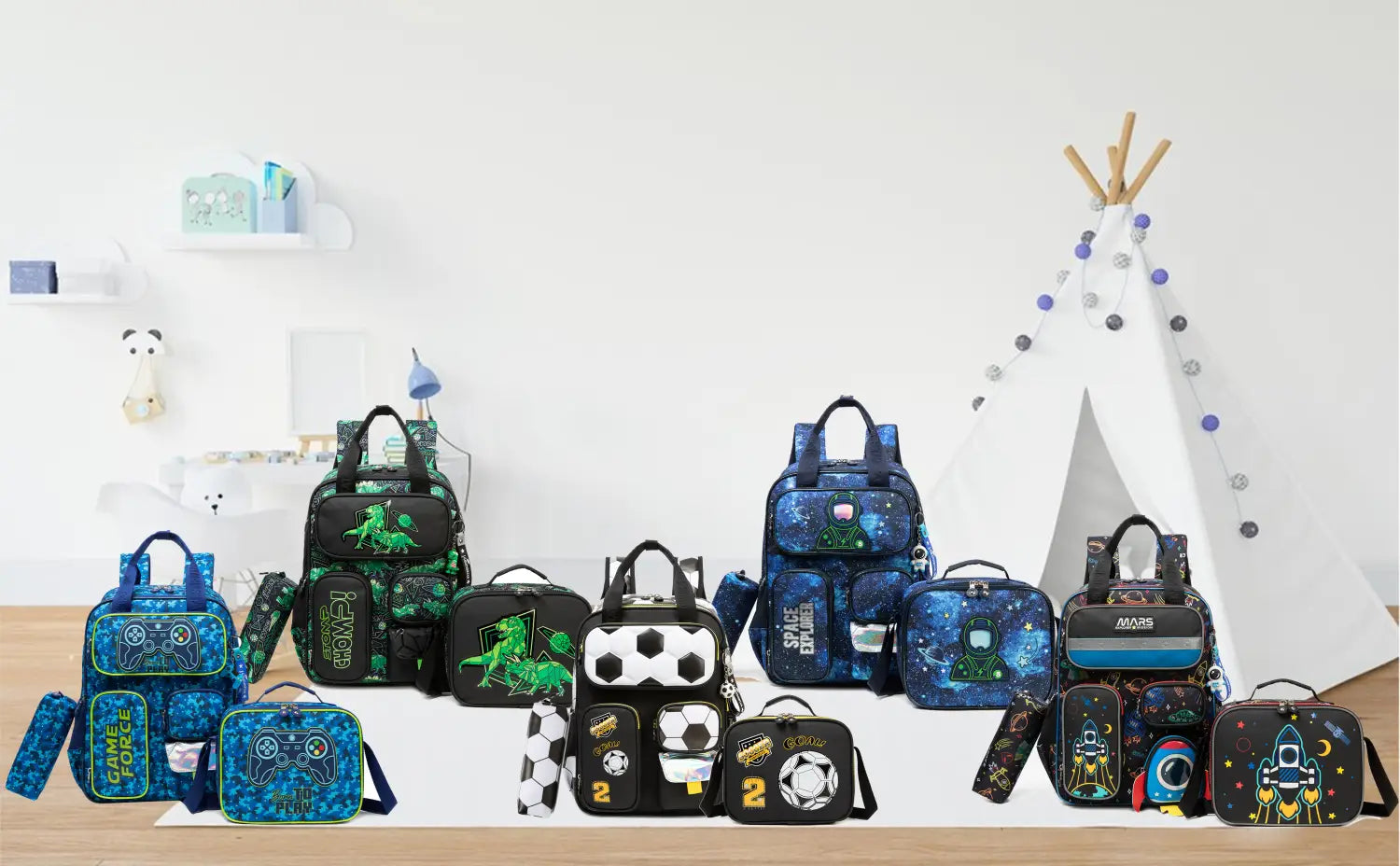 Ensemble de sac à dos pour garçons de football avec sac à goûter, comprenant des sacs à dos sur le thème de la galaxie bleu et noir avec des impressions de dinosaures vertes lumineuses, pour un usage scolaire quotidien.
