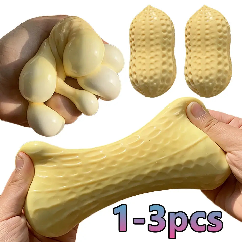Yellow peanut squishy filled stress toy with a textured bumpy surface made of flexible squishy material designed for stress relief.