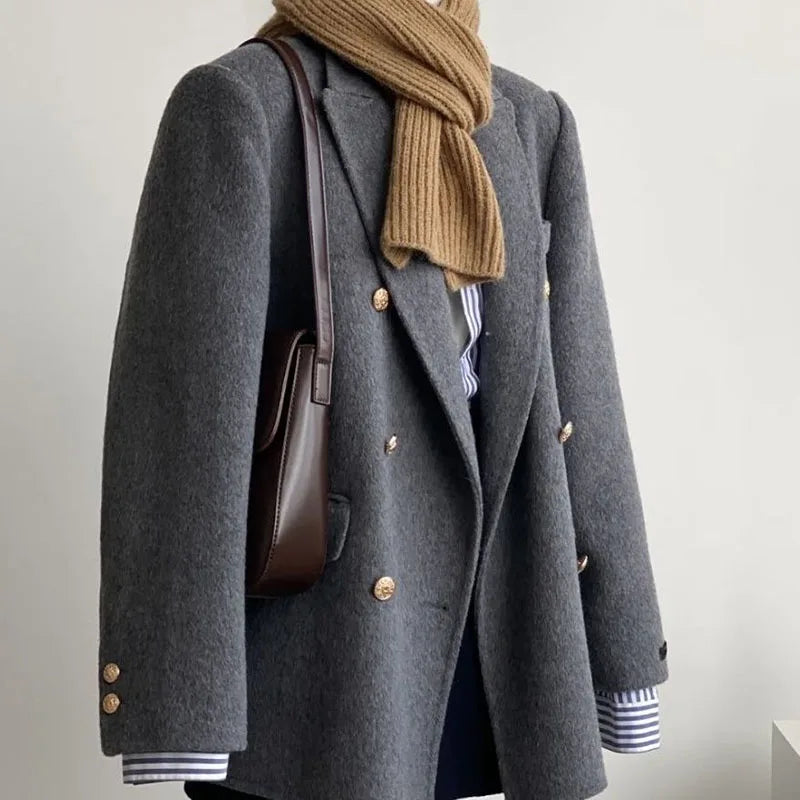 Double-breasted Suit Woolen Coat Women Winter 2026 New Korean Wool Jacket High-quality Outwear Temperament Lapel Overwear Female