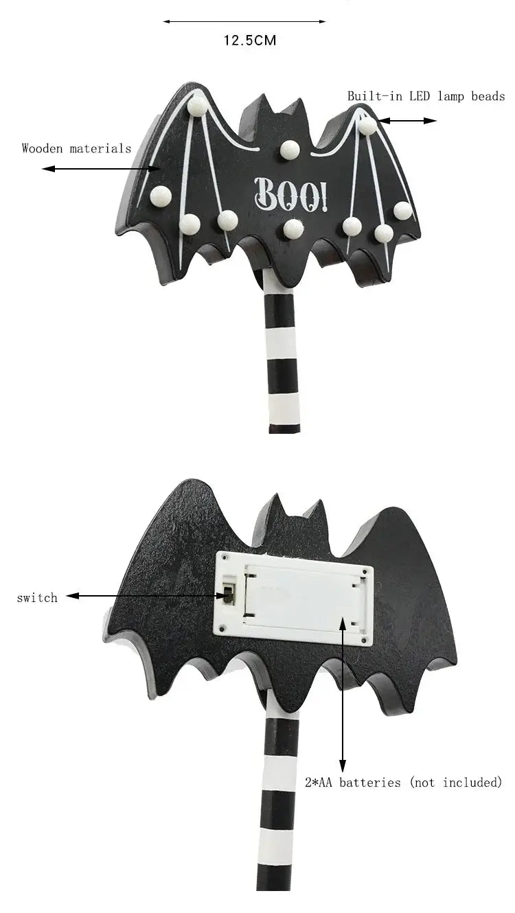 Schwarze Holz-Fledermaus-Halloween-LED-Nachtlampe mit weißen LED-Lampenperlen und gestreiftem Griff für eine wassergeschützte Dekoration.
