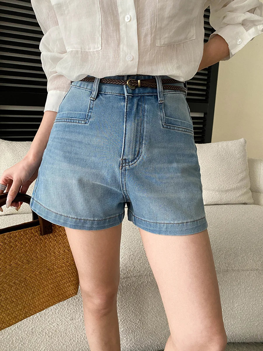 Summer women's casual solid color high waist loose A-line wide leg denim shorts