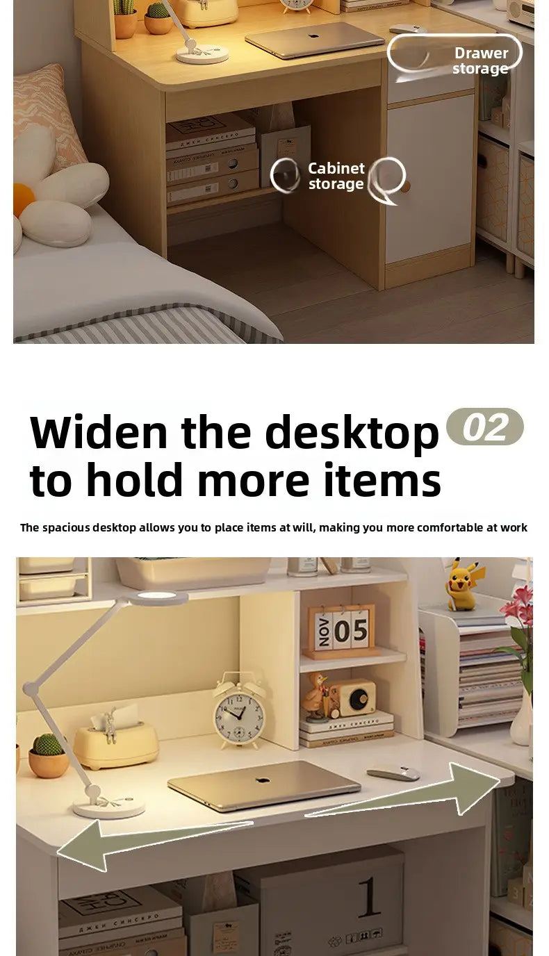 Modern wood student computer desk in light beige featuring integrated drawer and cabinet storage with a spacious surface for organizing work items