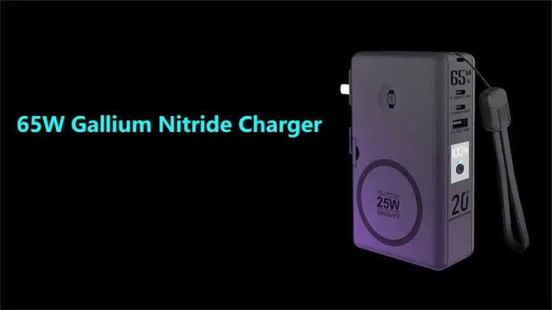 Batterie externe magnétique sans fil mate gris élégant de 65 W en nitrure de gallium, 20000 mAh, avec charge rapide, plusieurs ports USB et une sangle de poignet intégrée.