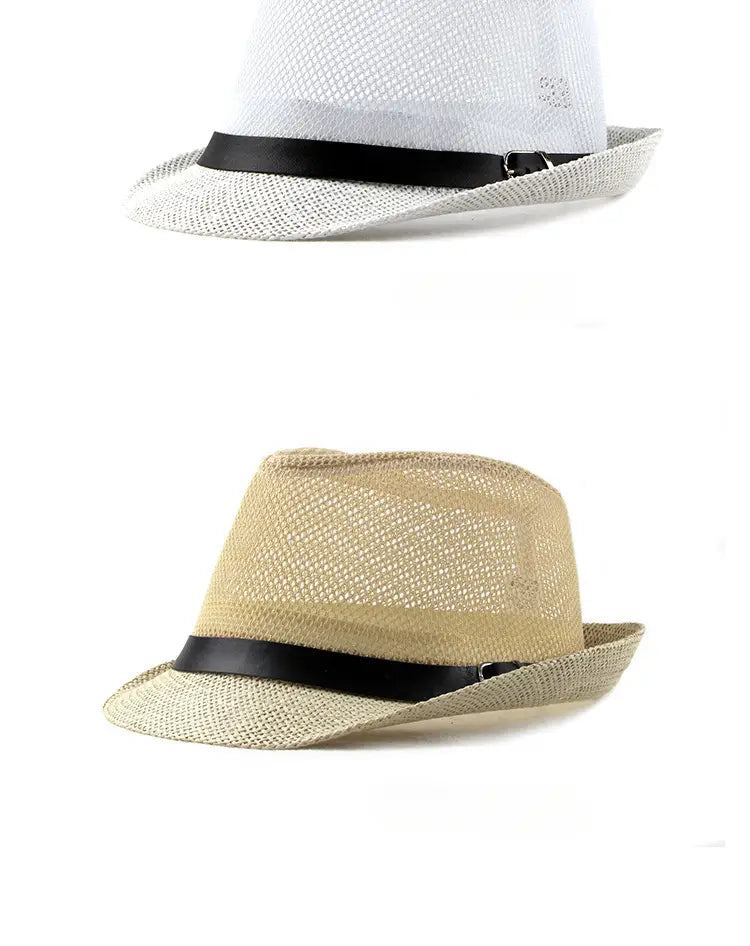 two white and beige linen fedoras sun hats with black satin bands designed for beach and summer use