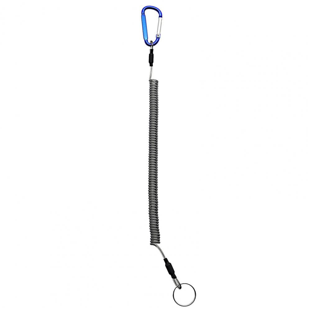 Blue carabiner attached to a coiled silver metal retractable spring anti-lost lanyard keychain with black plastic connectors and a small circular ring at the end.