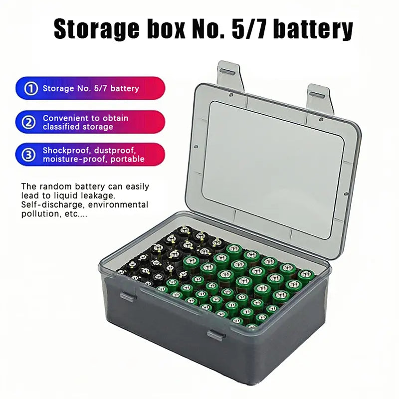 Gray plastic battery storage organizer holder with a transparent lid designed to hold 5 to 7 battery cells for organizing up to 54 batteries.