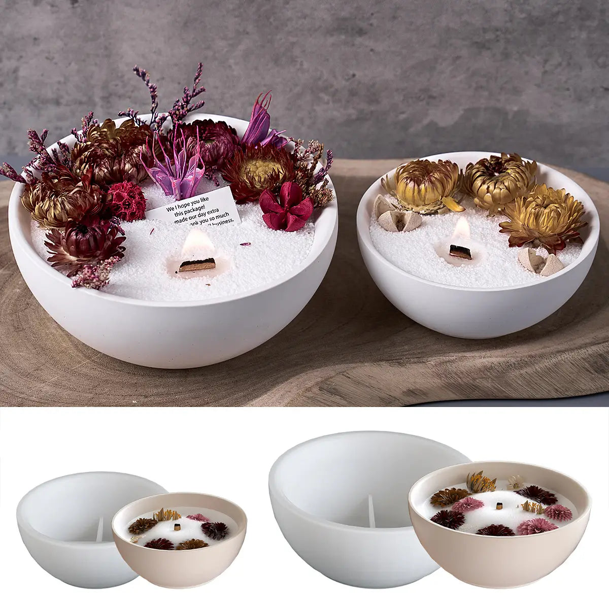 round silicone mold for concrete storage bowls and candles shown with a white ceramic bowl candle filled with dried flowers and sand