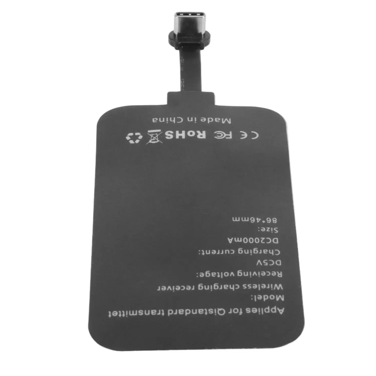Black wireless charging receiver with a USB-C connector at the top designed for 10w fast wireless charging.