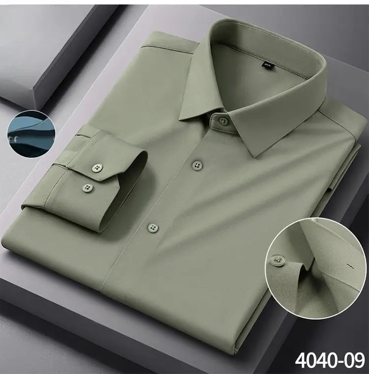 A neatly folded olive green men’s slim fit nylon formal dress shirt with a classic collar and buttoned cuffs.