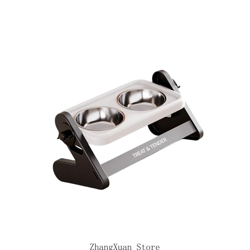 Black and white height adjustable pet feeding station with dual stainless steel bowls and an option for a single bowl setup.