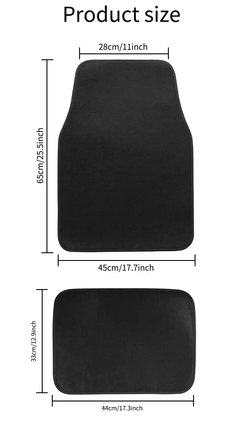 Juego de alfombrillas para el piso del automóvil con rombos negros para la parte delantera y trasera, con material negro tipo felpa con dimensiones de 28 cm por 65 cm para el asiento delantero y 44 cm por 33 cm para el asiento trasero.