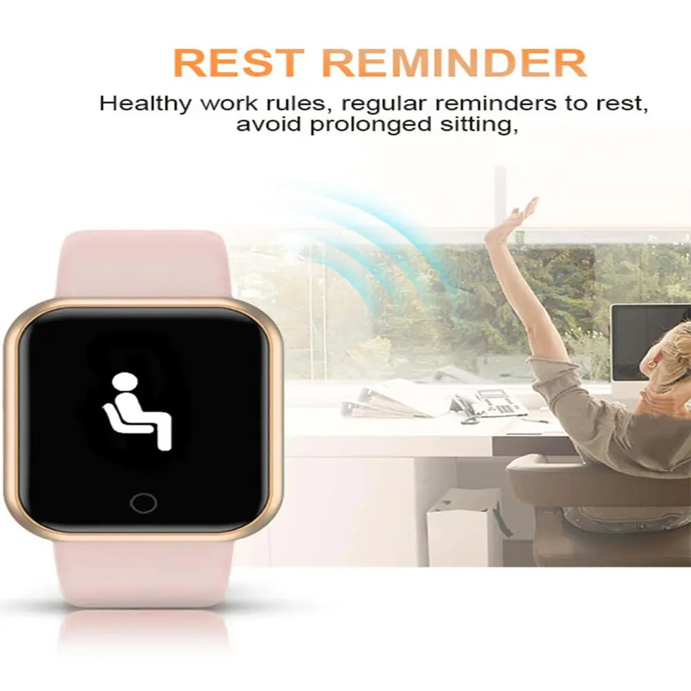 a pink y68 fitness smart watch with a gold-tone frame and a square digital display showing a rest reminder icon designed for mobile phone wireless connection after you download app firstly