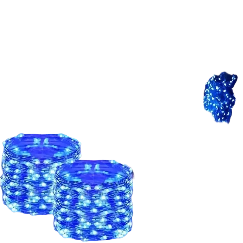 Blue solar-powered string lights coiled with black solar panels for outdoor copper wire LED decoration