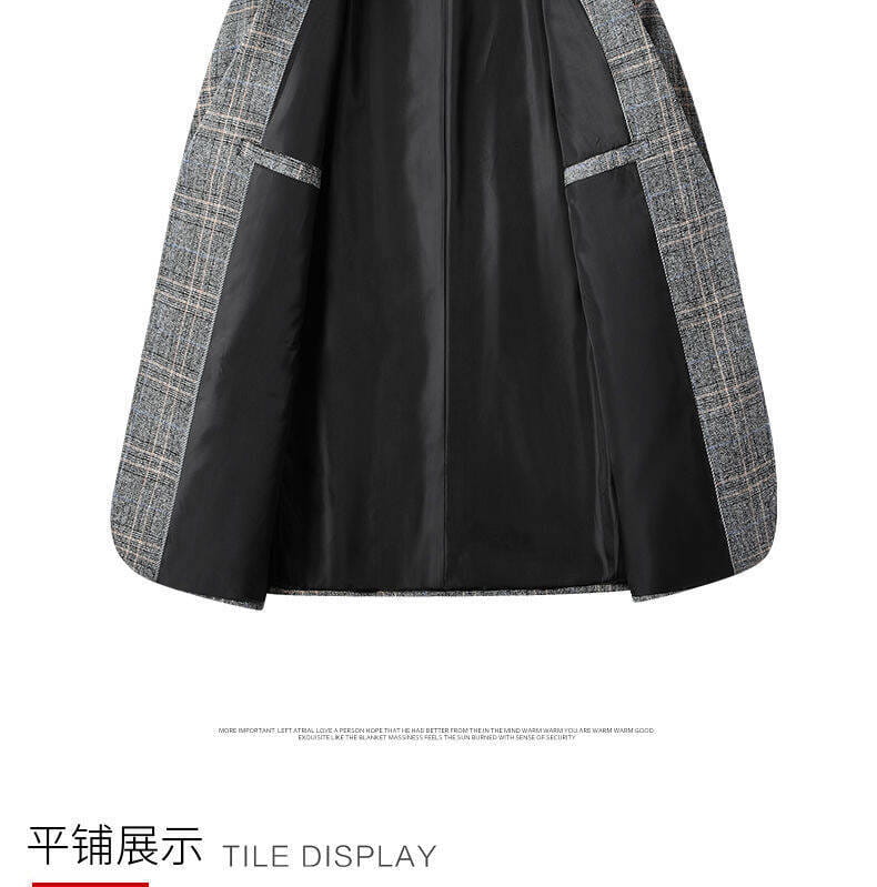 Una falda elegante de cuadros negros y grises con un forro satinado sofisticado, combinada con un blazer de lana con mezcla de cuadros grises para hombre, estilo casual de negocios.