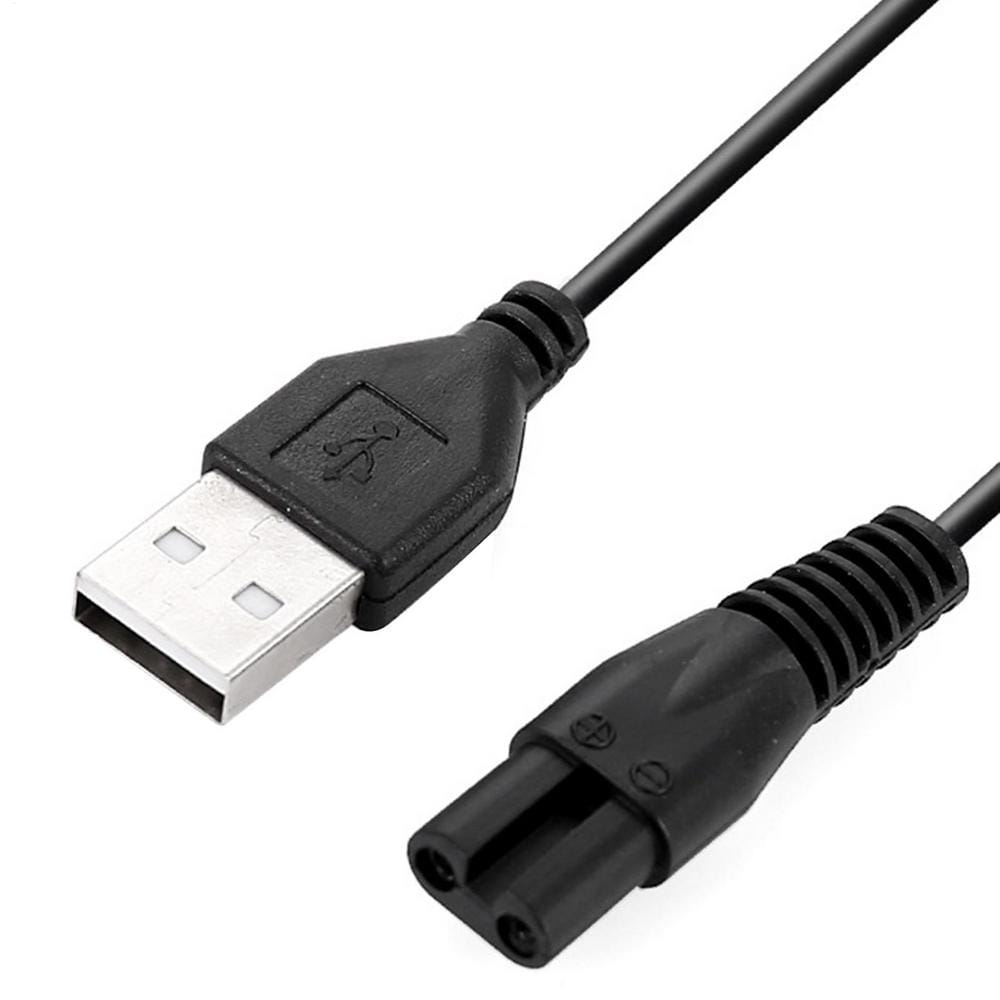 schwarzes USB-Netzteil-Adapterkabel mit silbernem USB-A-Anschluss und schwarzem dreizackigem Stecker für das Ersatz-USB-Ladekabel des Meridian-Elektrorasierers.