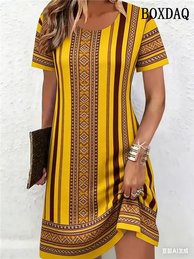 Ethnic Style Pattern 3D Printing Dresses For Women 2026 Fashion Summer Short Sleeve Loose A-Line Dress Casual Women's Clothing