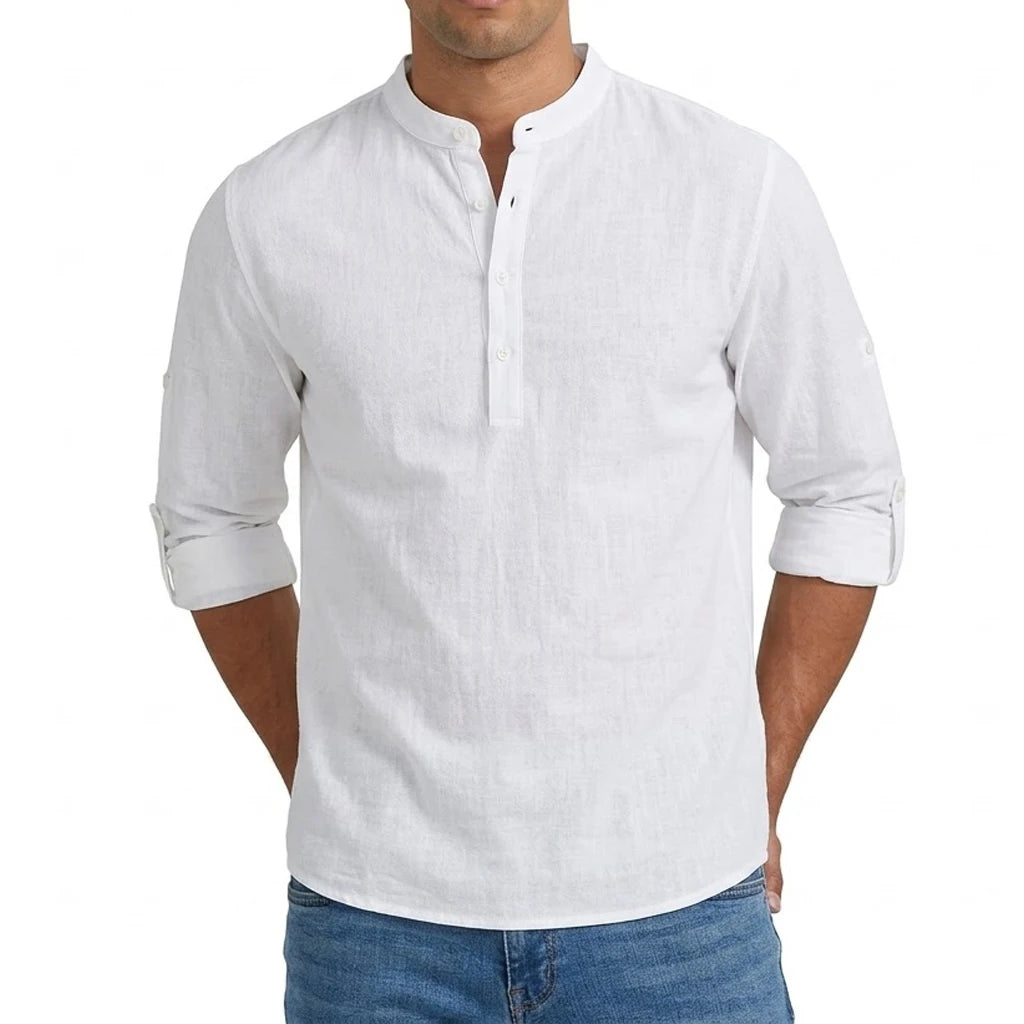 Men’s white linen blend long sleeve henley shirt with mandarin collar and button-front closure.