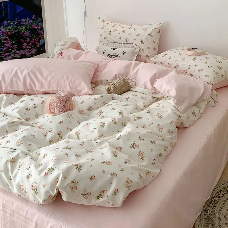 Ins Style Pink Flower Printed Bedding Set Soft Skin-friendly Duvet Cover Set Reactive Dyeing Bed Linens for Girls Bedroom