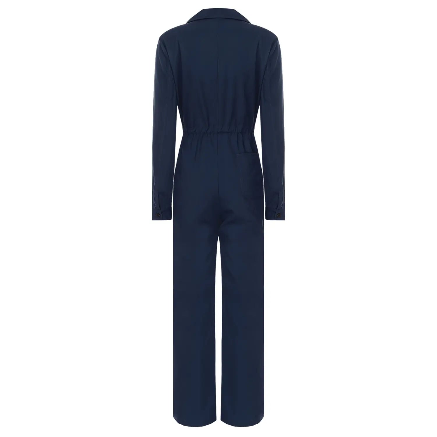 A navy blue long-sleeved casual jumpsuit with a collar and wide-leg pants made from comfortable fabric for versatile wear.