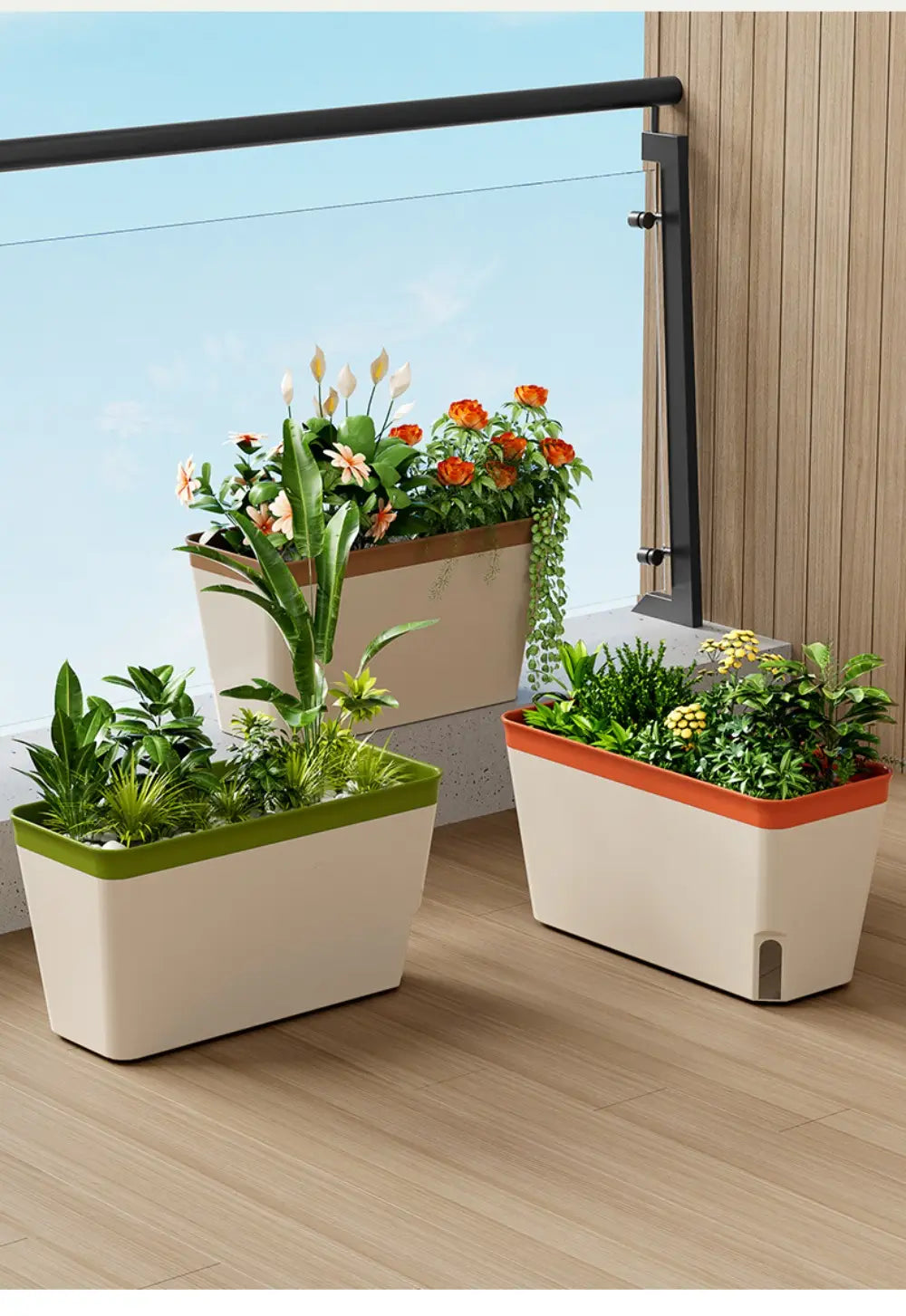 Bacs rectangulaires d’arrosage automatique beiges, avec accents de bordure colorés verts et orange et fenêtres de niveau d’eau conçues pour les plantes d’intérieur et le jardinage sur balcon.