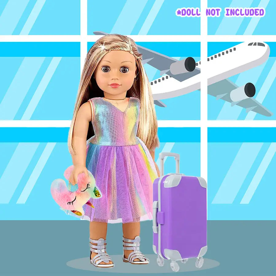 Lila Hartschalen-18-Zoll-Puppen-Reise-Set-Koffer mit weißen Rollen und einem Griff, ausgelegt für Puppen-Outfits und Accessoires.