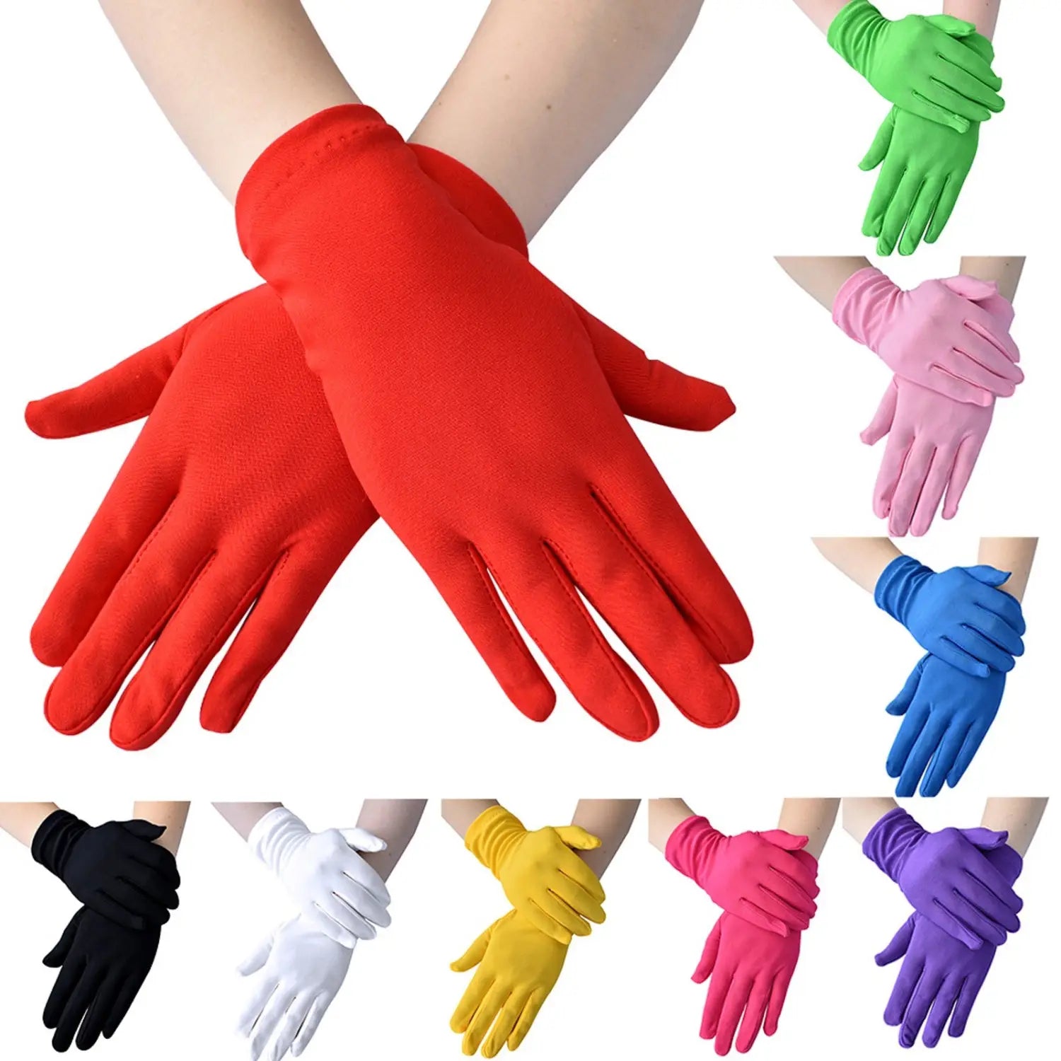 Gants en satin rose rouge vif à manches longues, fabriqués dans un tissu lisse, conçus comme des moufles d’opéra pour femmes s’étendant jusqu’au coude.