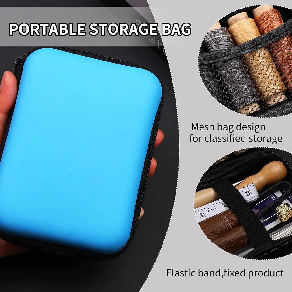 Sac de rangement portable bleu vif avec fermeture éclair noire et compartiments intérieurs en maille pour la trousse d’outils de couture en cuir avec fil ciré.