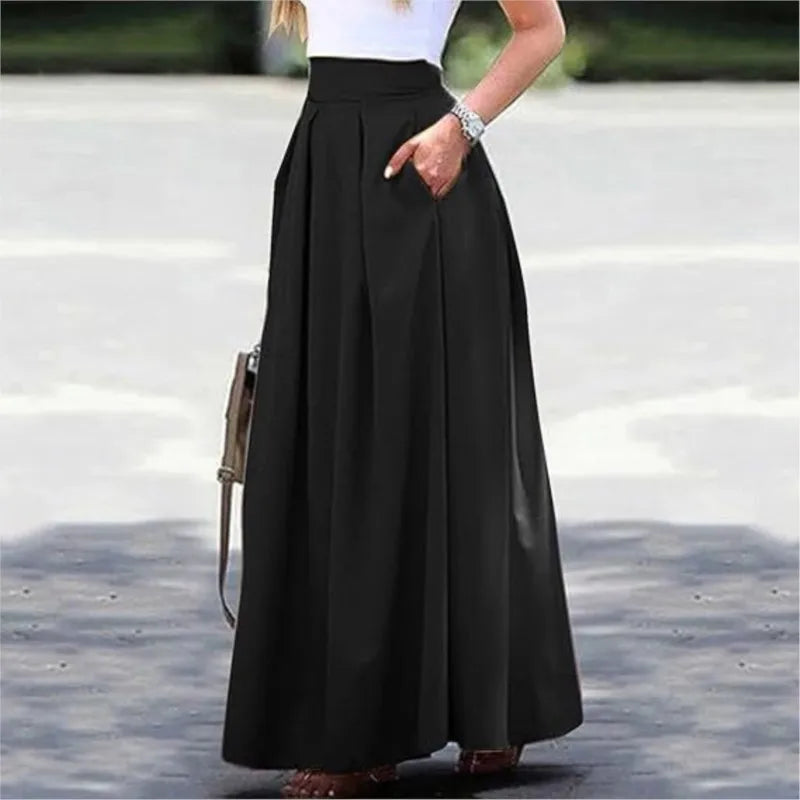 Long Skirts For Women Spring Summer High-waist Solid Color Long Skirt Women's Pocket Commuting A-line Pleated Fashion Long Skirt