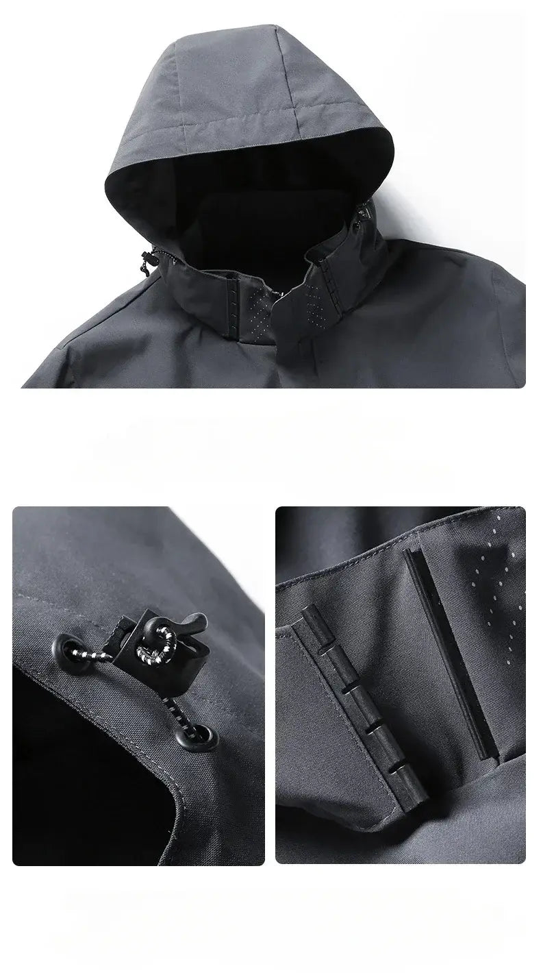 Men waterproof hiking jacket hooded windbreaker in dark gray featuring a waterproof material, adjustable drawstring closure, and reinforced stitching details.