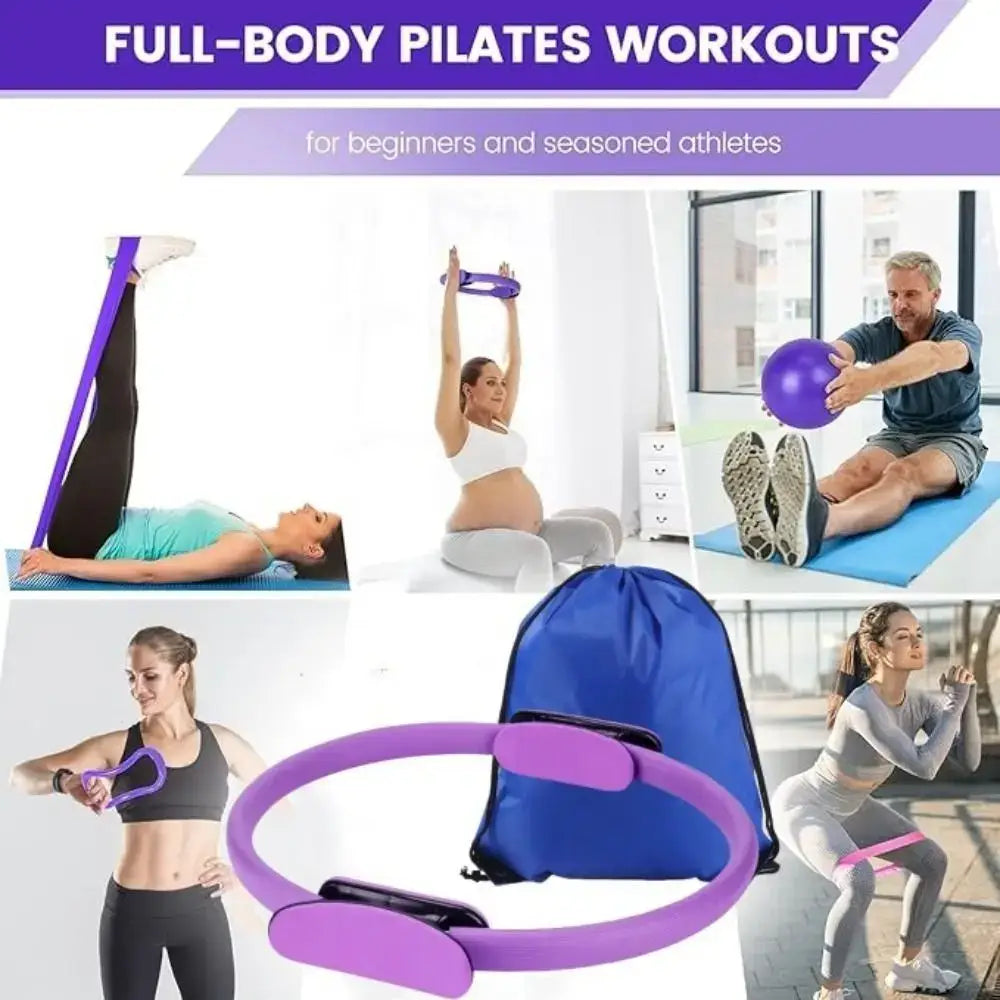 Purple pilates ring with black grip handles and a matching blue drawstring bag included in the Pilates Equipment Kit 13-piece fitness set for strength and flexibility training.