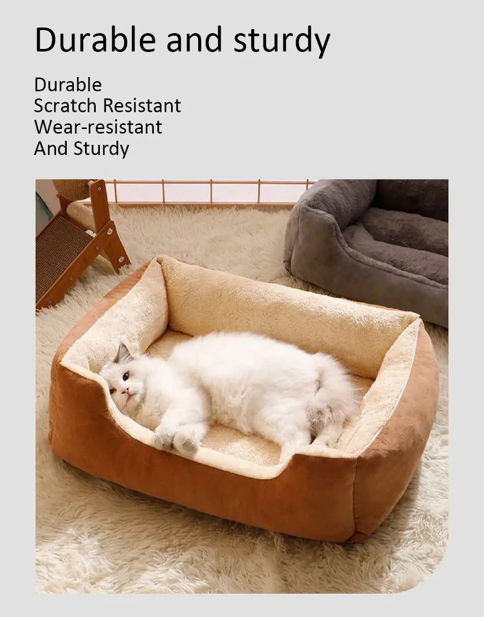 Brown and cream plush rectangular cat bed with a soft cushioned interior designed for pet comfort.