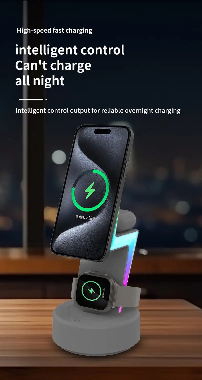 gray wireless charging 3 in 1 rgb stand magnetic with dual slots for smartphone and smartwatch features sleek modern design and optimized wireless charging output power.