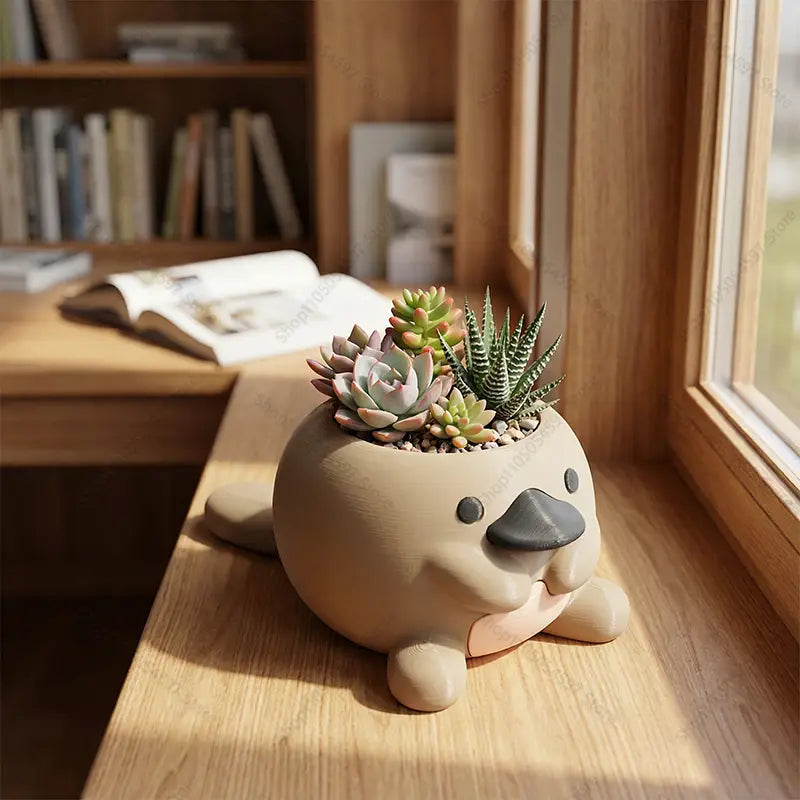 Encantadora maceta de cerámica color beige con forma de ornitorrinco, pico color gris oscuro y acentos rosados, que contiene suculentas verdes en una maceta de plástico para escritorio denominada maceta para suculentas de ornitorrinco.