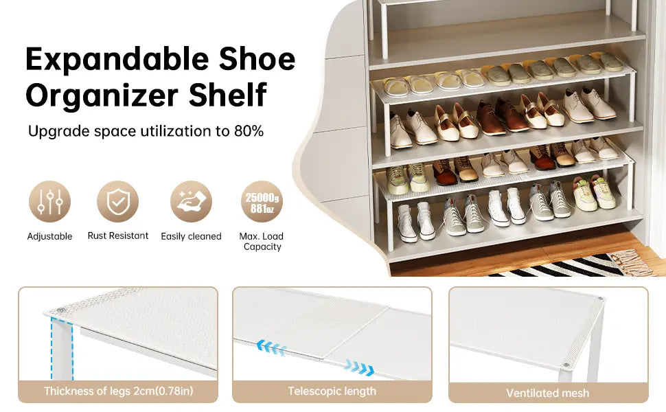 Expandable white metal shoe rack storage organizer with telescopic legs and ventilated mesh design for space-saving shoe organization.