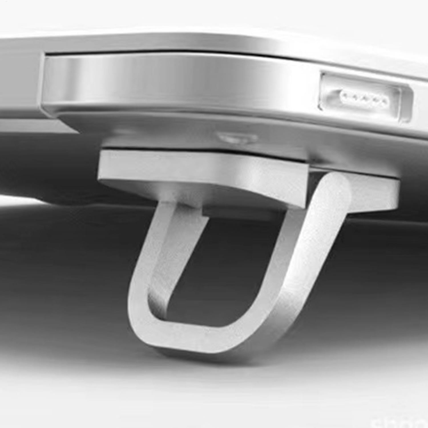 人間工学に基づくコンピュータ用スタンドおよびノートパソコン用デスクスタンド用途の、洗練されたミニマリストデザインと湾曲したABSサポートアームを備えたシルバーの金属調ノートパソコンスタンド
