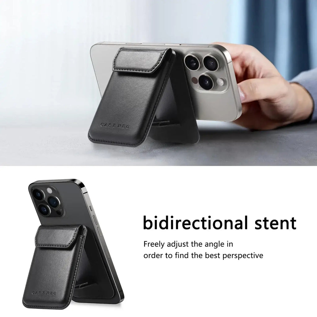Black leather phone card holder with foldable design and carteq branding suitable for magsafe magnetic use