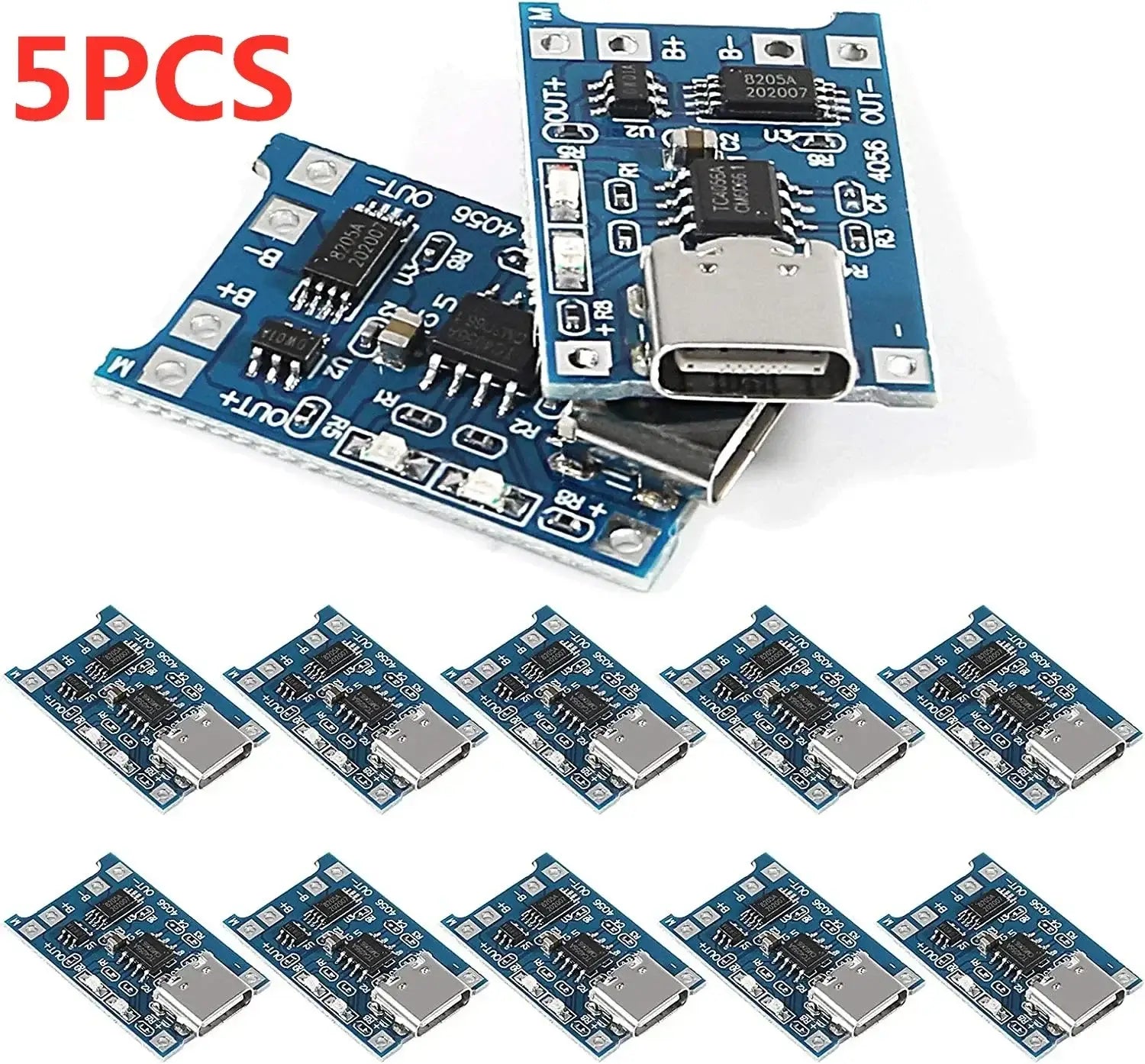 placas de circuito azul con micro USB plateado y puertos tipo C, así como componentes electrónicos negros para la placa del cargador de batería de litio