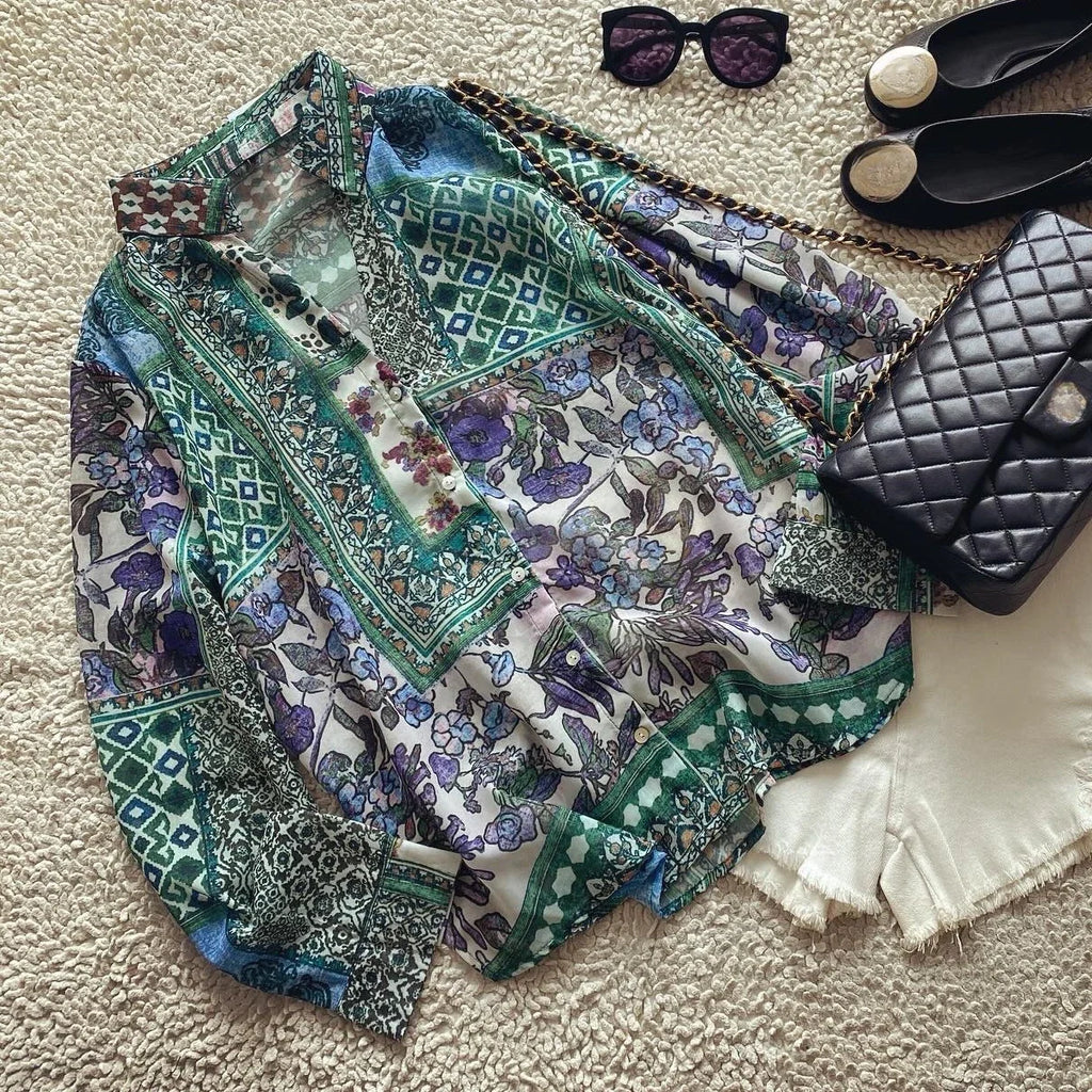 Green Floral Printed Blouses Shirts For Women Tops Long Sleeve V Neck Spring Autumn Loose Blouse Boho Chiffon Ethnic Blusas
