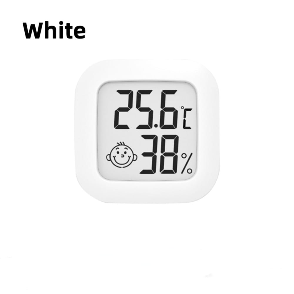White square digital thermometer and hygrometer room sensor featuring a smiling face icon and a clear measurement range display.