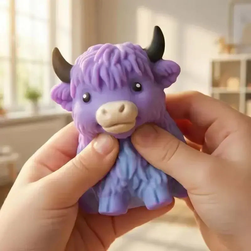 Jouet antistress en forme de vache highland kawaii, en peluche compressible, en matière floue violette, avec des cornes noires et un museau beige.