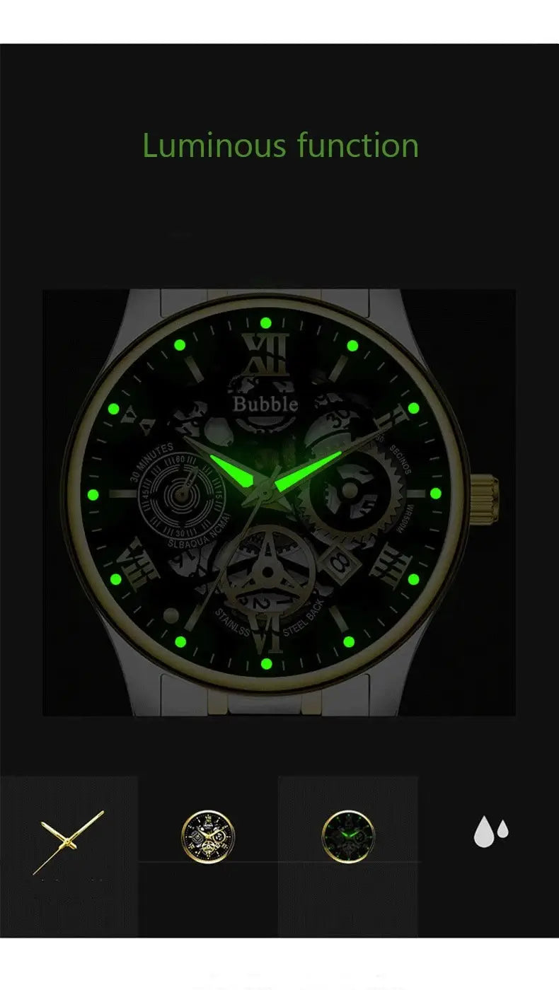 Uthai men quartz skeleton watch two tone steel V009 with a sleek stainless steel case, black dial featuring glowing green hour markers and hands, roman numerals at 12 o’clock, and an exposed skeletonized movement design.