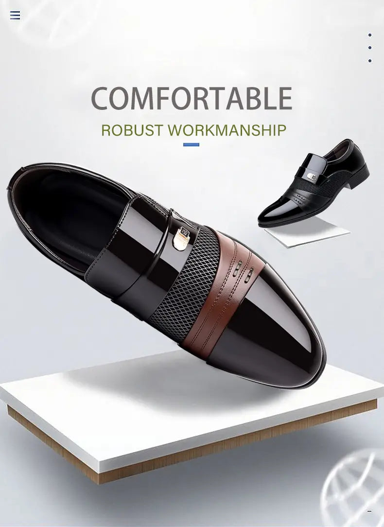 Zapatos de vestir de punta afilada de lujo para hombre en cuero negro y marrón con acabado brillante, detalles de malla en el lateral y un detalle de hebilla metálica.