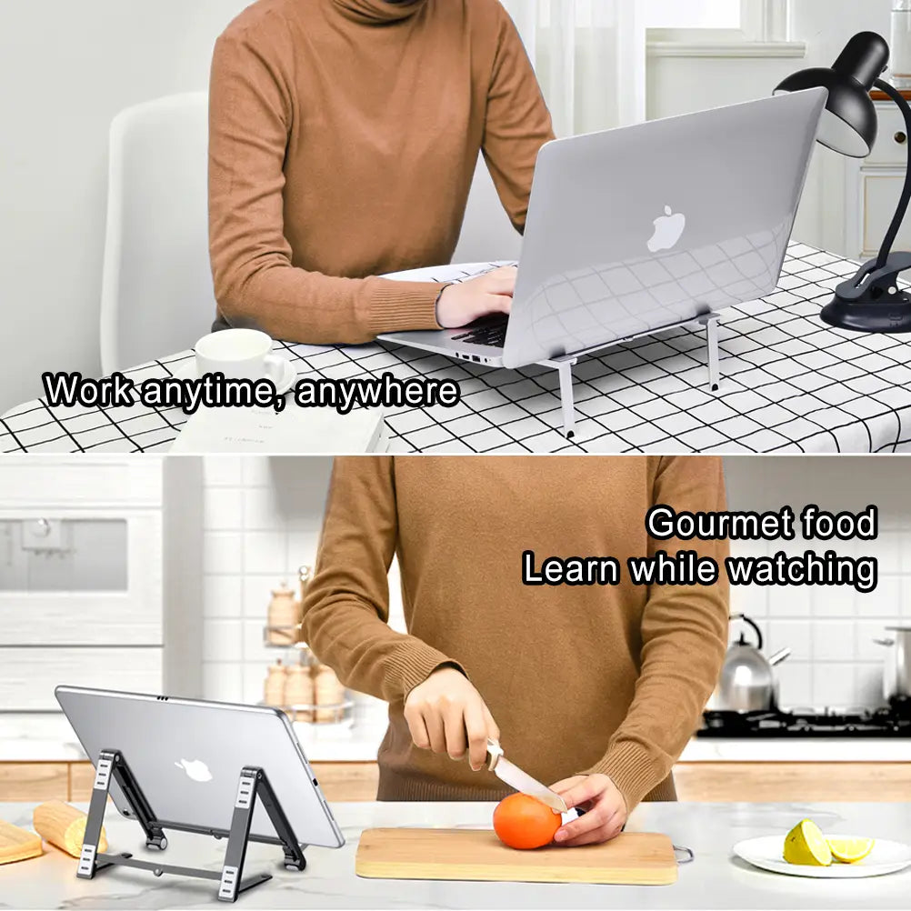 Silver aluminum laptop stand with adjustable height and foldable design for mobile phone and mobile phone tablet use.