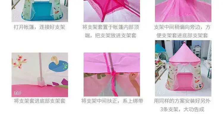 Tente de jeu pliable pour enfants au thème de princesse rose, avec toit conique et motifs d’animaux imprimés, pour un usage intérieur et extérieur dans la collection de châteaux pliables portables de tente de jeu pour enfants dinosaures